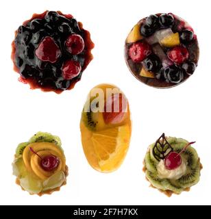 Appetizing fruit cakes on a white background in isolation, collage Stock Photo