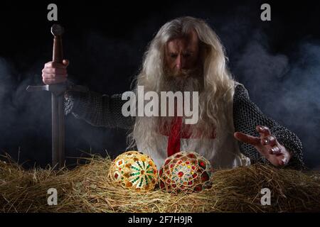 KNIGHT CRUSADER WITH TWO EGGS AS FABERGE EGGS Stock Photo