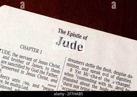 This is the King James Bible translated in 1611.  There is no copyright.  Title Page to Jude Stock Photo