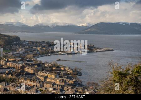 The Argyle hills and Princes Pier Gourock from Lyle Hill Greenock Stock Photo