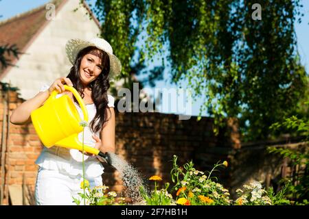 Gardening in summer - woman watering flowers with a yellow watering can, she is wearing a hat Stock Photo