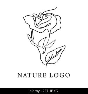 Outline rose one line flower logo and poster art. Abstract vector plant trendy icon. Modern nature beauty romantic shape. Stock Vector