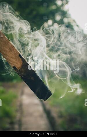 Burning wooden stick with thick white smoke coming out of it. Black deposits on a wooden stick due to severe burning. Stock Photo