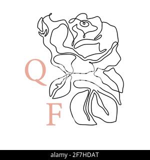 Outline rose one line flower logo and poster art. Abstract vector plant trendy icon. Modern nature beauty romantic shape. Stock Vector