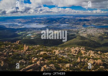 A view from the top of the Mount Wellington over the city of Hobart, Tasmania, Australia. Stock Photo