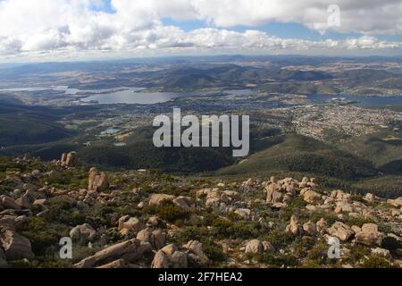 A view from the top of the Mount Wellington over the city of Hobart, Tasmania, Australia. Stock Photo