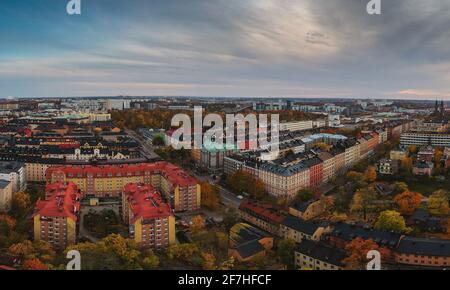 Beautiful landscape photo of Stockholm cityscape viewed from Skinnarviksberget on early evening in autumn. Beautiful Stockholm evening panorama from f Stock Photo