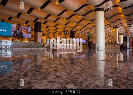 DAKAR, SENEGAL, FEBRUARY 22 2018: Departure hall on the new Blaise Diagne airport in Dakar. Interior made of marble floor, pillars and wavy roof. Some Stock Photo