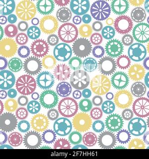 Vector seamless patern gears. Colored round gear elements of the mechanism. Isolated details on white. Engineering mechanism, equipment Stock Vector