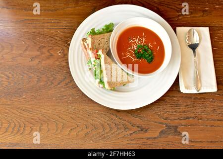 Comforting warm soup and sandwich for cool day lunch, healthy food lifestyle diet. Photo concept, food background, copy space Stock Photo