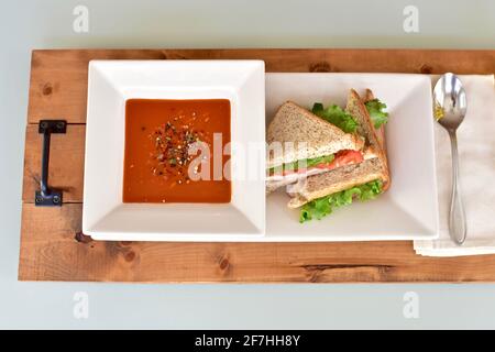 Comforting warm soup and sandwich for cool day lunch, healthy food lifestyle diet. Photo concept, food background, copy space Stock Photo