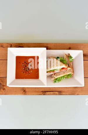 Comforting warm soup and sandwich for cool day lunch, healthy food lifestyle diet. Photo concept, food background, copy space Stock Photo