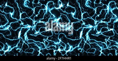 Lightning explosion. Thunder sky thunder storm blast, ice cracs textured. Electric power burst energy bang. Blue crack with light effect on black Stock Vector
