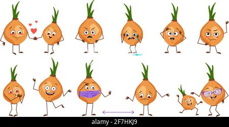 Set of cute onion characters with emotions isolated on white background. The funny or sad heroes, vegetables have play, fall in love, keep their Stock Vector