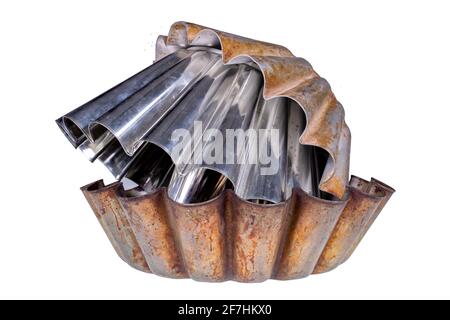 Old dirty baking trays. Accessories used in the kitchen for the preparation of desserts. Isolated background. Stock Photo