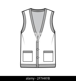 Cardigan vest sweater waistcoat technical fashion illustration with sleeveless, rib knit V-neckline, button closure, pockets. Flat template front, white color style. Women, men, unisex top CAD mockup Stock Vector