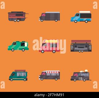 Food trucks vehicles icon set Stock Vector