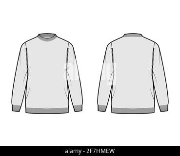 Fisherman Sweater technical fashion illustration with rib crewneck, long sleeves, oversized, hip length, knit trim. Flat jumper apparel front, back, grey color style. Women, men unisex CAD mockup Stock Vector