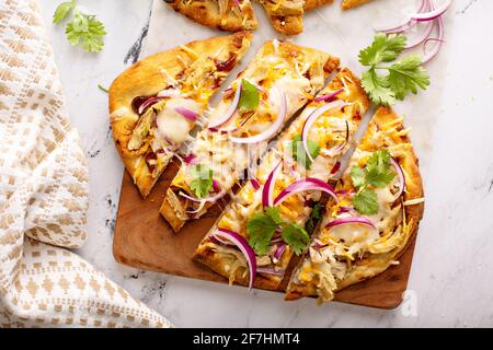 Barbecue chicken flatbreads with red onion Stock Photo