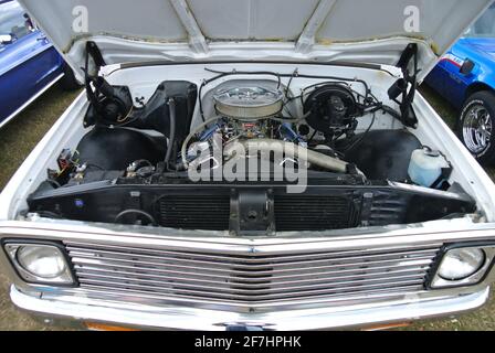 The engine of a 1965 Vauxhall Cresta parked up on display at English Riviera classic car show, Paignton, Devon, England, UK. Stock Photo