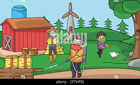 book vector illustration background in the farm.people using health protocol. Stock Vector
