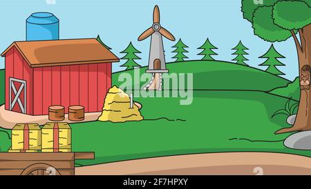 farm background, expanse of meadow, with red huts, haystacks, surrounded by trees. vector illustration Stock Vector