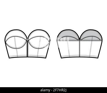 Women's Bra technical fashion Illustration. Crop Top fashion flat technical  drawing template, straps, zip-up, slim fit, front and back view, white, CAD  mockup. Stock Vector