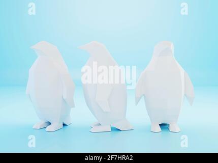 Paper sculpture of a low poly Penguins, folded paper animal, papercraft, 3d render Stock Photo
