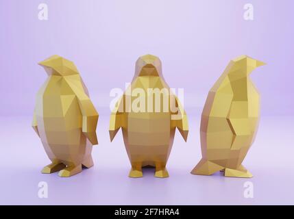 Paper sculpture of a polygonal Golden Penguins, folded paper animal, papercraft, 3d render Stock Photo