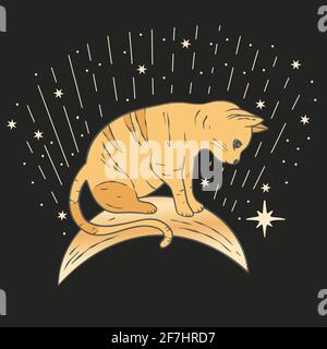 Celestial cat sacred astrology boho esoteric art. Nursery animal art with moon and star. Stock Vector