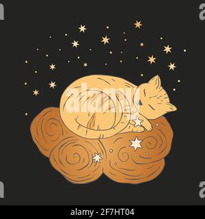 Celestial cat sacred astrology boho esoteric art. Nursery animal sleeping on a cloud. Stock Vector