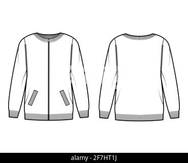 Zip-up cardigan Sweater technical fashion illustration with rib crew neck, long sleeves, oversized, knit trim, pockets. Flat jumper apparel front, back, white color style. Women, men unisex CAD mockup Stock Vector