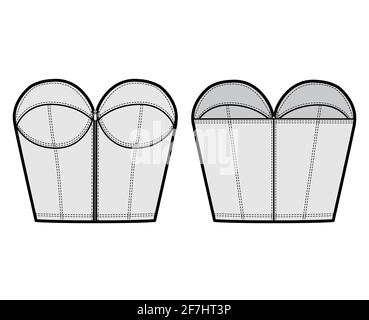 Denim bustier top technical fashion illustration with thin straps, zip-up  closure, cups, slim fit, crop length. Flat bra template front, back, grey  color style. Women, men, unisex CAD mockup Stock Vector Image