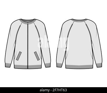 Zip-up cardigan Sweater technical fashion illustration with rib crew neck, long raglan sleeves, oversized, knit trim, pockets. Flat apparel front, back, grey color style. Women, men unisex CAD mockup Stock Vector