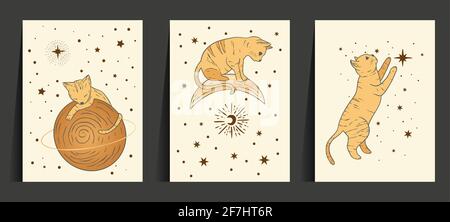 Fantasy cat celestial astrology nursery art. Boho esoteric card set. Golden art moon and star magic vector collection. Stock Vector