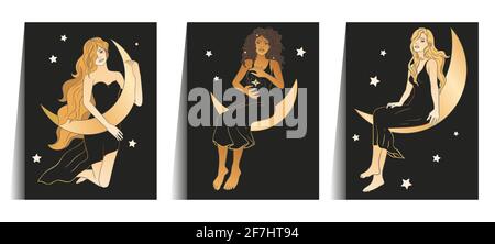 Celestial woman sacred astrology feminine boho esoteric golden and black black poster art. Moon and star magic vector card set. Stock Vector