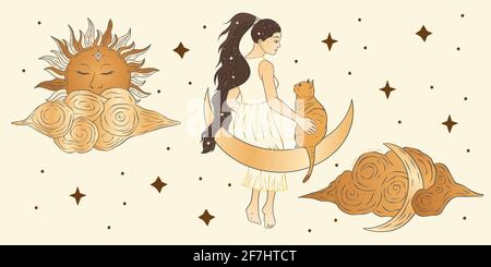 Celestial girl and a cat sacred astrology woman boho esoteric golden art. Moon, sun, cloud and star magic vector card. Stock Vector