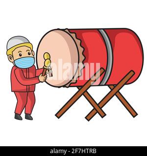 Muslim boys hitting bedug traditional muslim drum from asia ,ramadan month, using mask and healthy protocol.Vector character illustration. Stock Vector
