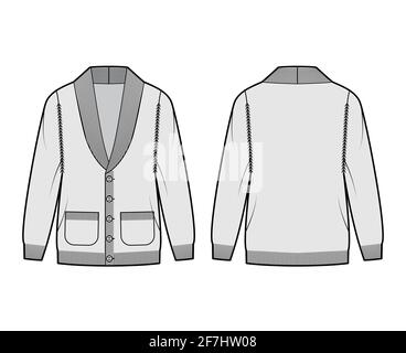 Cardigan Shawl collar Sweater technical fashion illustration with long sleeves, oversized, hip length, knit rib trim, button closure. Flat apparel front, back, grey color style. Women, men CAD mockup Stock Vector