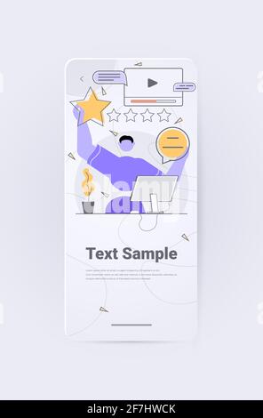 businessman holding review stars rating customer feedback satisfaction level online survey concept Stock Vector