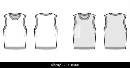 Pullover vest sweater waistcoat technical fashion illustration with sleeveless, rib knit round neckline, oversized body. Flat template front, back, white, grey color style. Women, men top CAD mockup Stock Vector