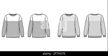 Sailor Sweater Striped Pullover technical fashion illustration with rib crew neck, long sleeves, oversized, hip length, knit cuff. Flat apparel front, back, white grey color style. Women, unisex CAD Stock Vector