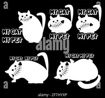 set my white cat my pet in different poses with fish skeleton and smiling 1 Stock Vector