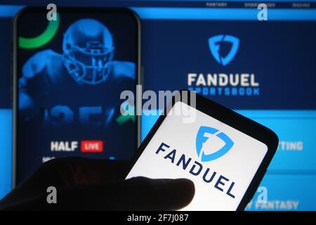 Ukraine. 07th Apr, 2021. In this photo illustration the FanDuel logo of a sports betting company is seen on a smartphone. (Photo by Pavlo Gonchar/SOPA Images/Sipa USA) Credit: Sipa USA/Alamy Live News Stock Photo