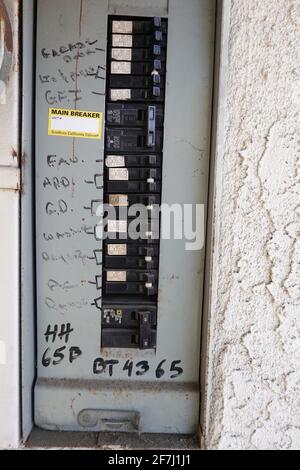 Residential home exterior electrical power circuit breakers box Stock Photo