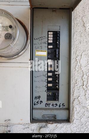 Residential home exterior electrical power circuit breakers box Stock Photo