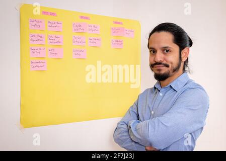 Business young man working on a scrum planning made on a yellow board on a white wall. Young man with thoughtful face working on a project Stock Photo