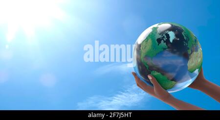 A conceptual illustration of the planet earth on the outstretched arms of a black woman. The concept of solar energy, ecology. The sun's rays illumina Stock Photo