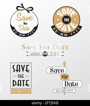 Save the Date Golden Black logo in Circular and rectangle design, 5 design Pack in modern style for wedding and Engagement Stock Vector