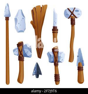 Prehistoric weapon, stone ages tools made of wood and rocks. Axe, hammer and spear, wooden cudgel, knife and arrow head, hunt items isolated on white background, Cartoon vector illustration, icons set Stock Vector